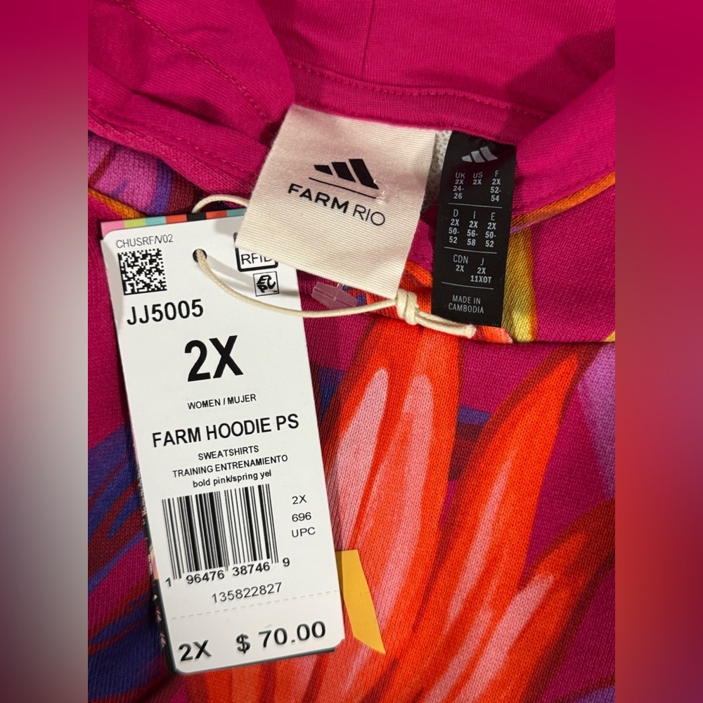Adidas x Farm Rio Wmns Crop Top Hoodie Bold Pink/Spring Yellow Sz: Various ~ NWT - Picture 7 of 12